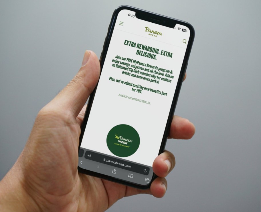myPanera rewards homepage pictured on a phone