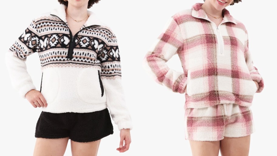 women in matching plush pullover and shorts sets