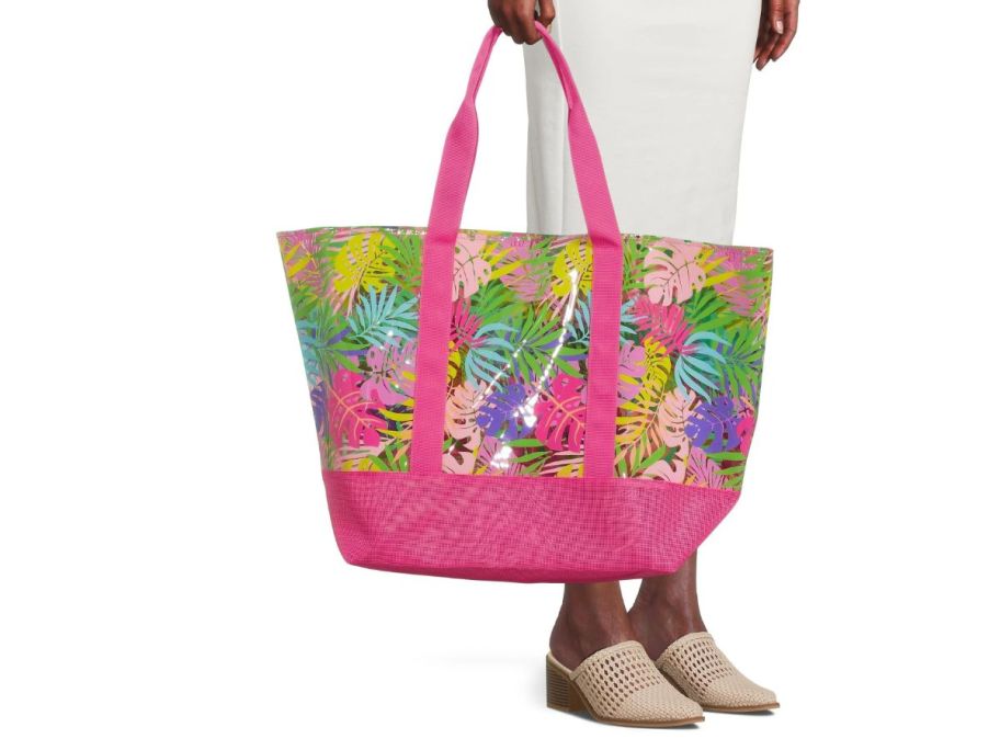 woman holding No Boundaries Women's Vinyl Beach Tote Bag with Mesh Bottom