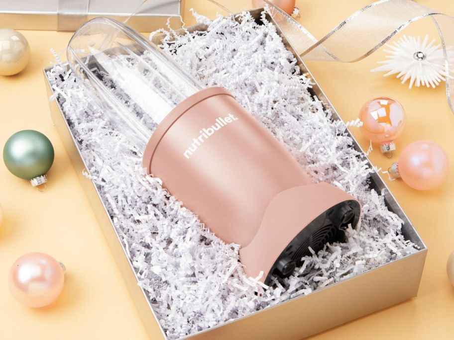 A pink Nutribullet Pro in a holiday gift box