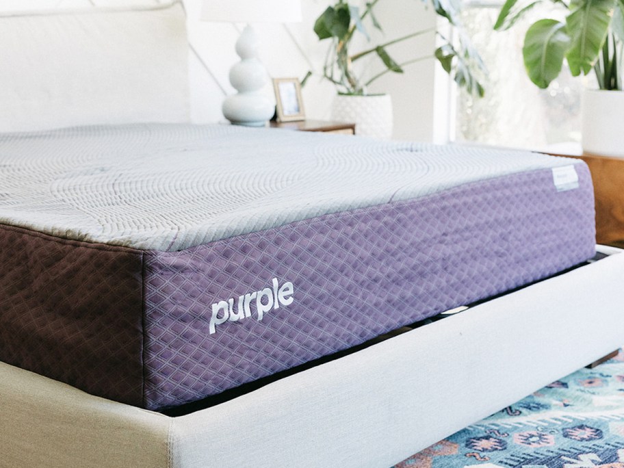 purple mattress on an upholstered bed frame