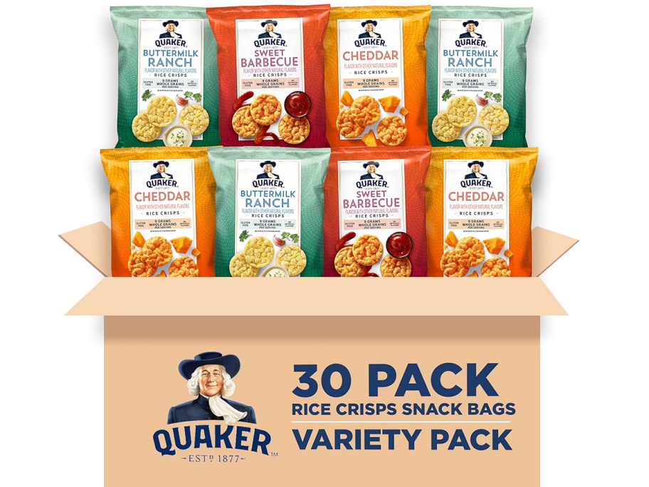 variety of mini Quaker Rice Crisps bags in cardboard box