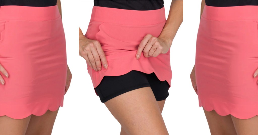 woman wearing pink scallop golf skort