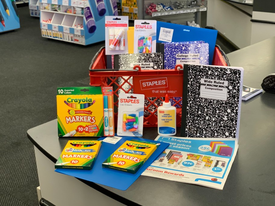 Staples School Supplies on a counter