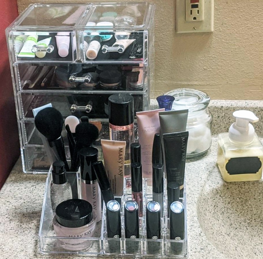 Makeup Organizer filled with makeup and beauty tools