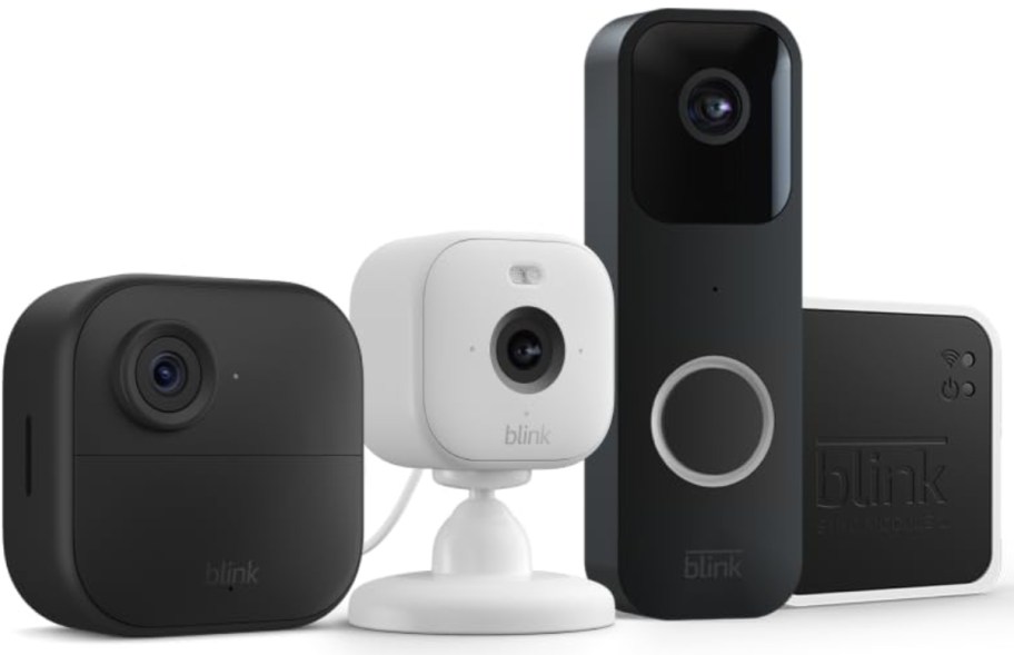 a black outdoor security camera, a white indoor security camera, a black video doorbell camera and a black security device