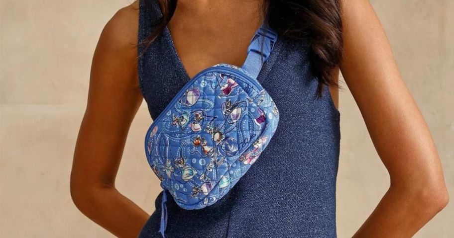 Woman wearing a vera bradley cinderella belt bag