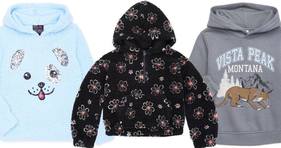 blue, black, and grey kids hoodies