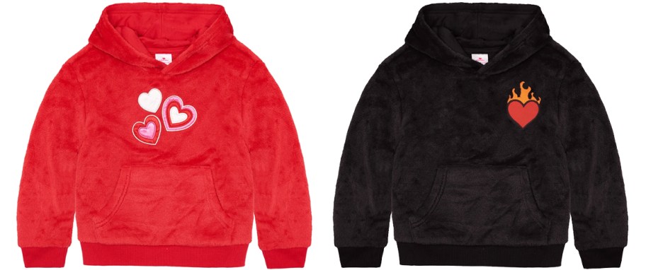 red and black plush hoodies with heart prints