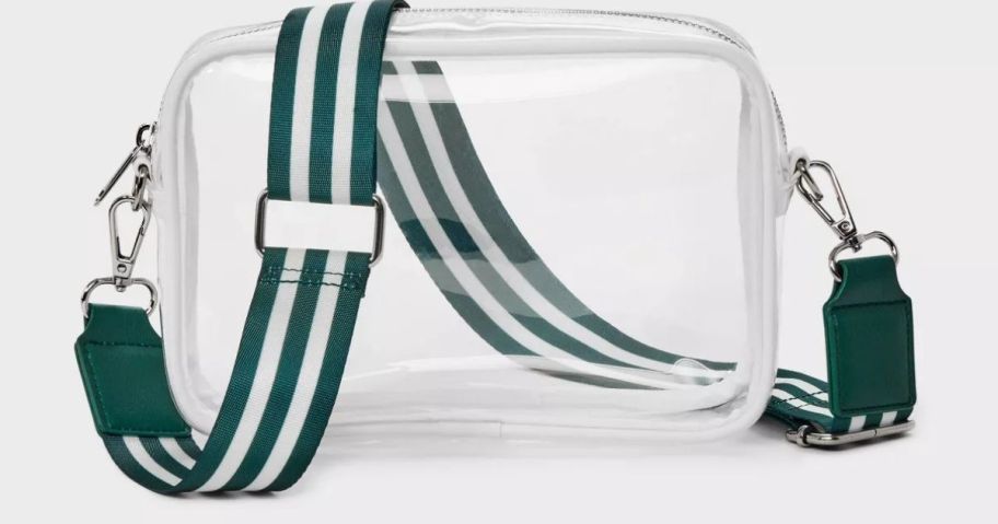 A clear belt bag with a green stripe