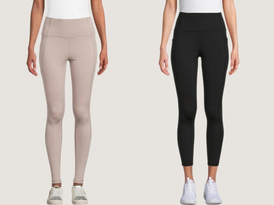 woman wearing tan leggings and woman wearing black capri leggings