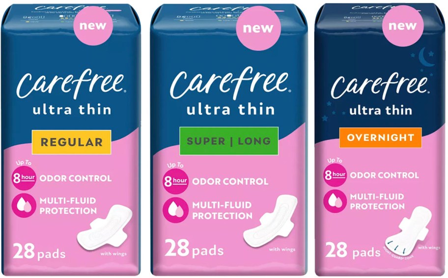 three packs of carefree ultra thin pad packs