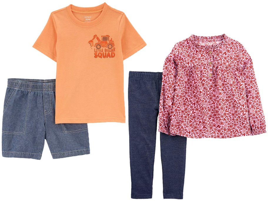 orange shirt and jean shorts set, and pink long sleeve and leggings set