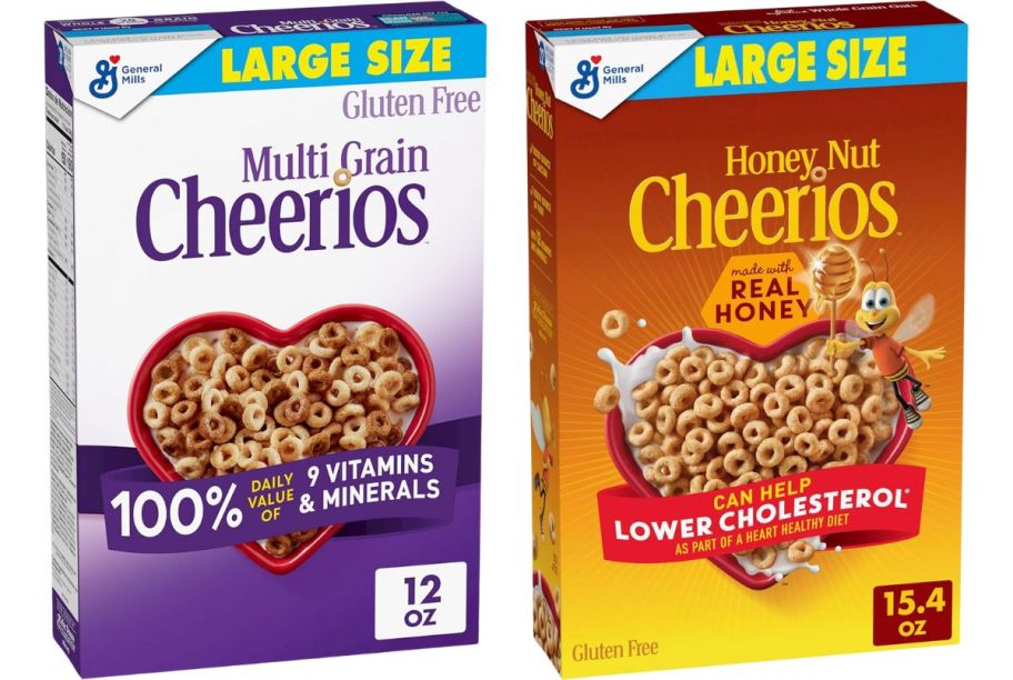 a 12 ounce box of multi grain cheerios shown with a 15 ounce box of honey nut cheerios 