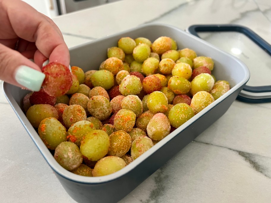 container with sour patch grapes