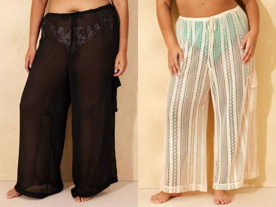 two women wearing Swim Cover Up Cargo Pants in black and beige