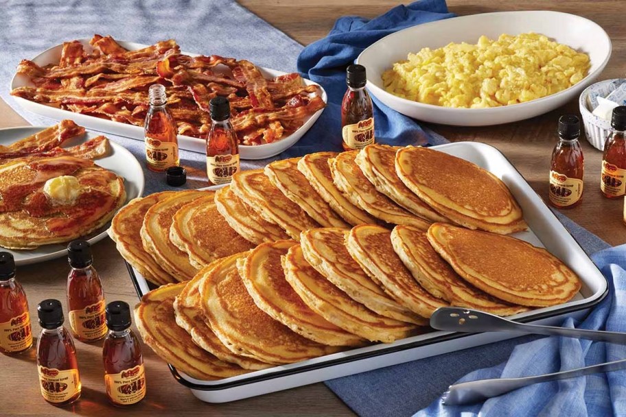 table set with pancake breakfast buffet