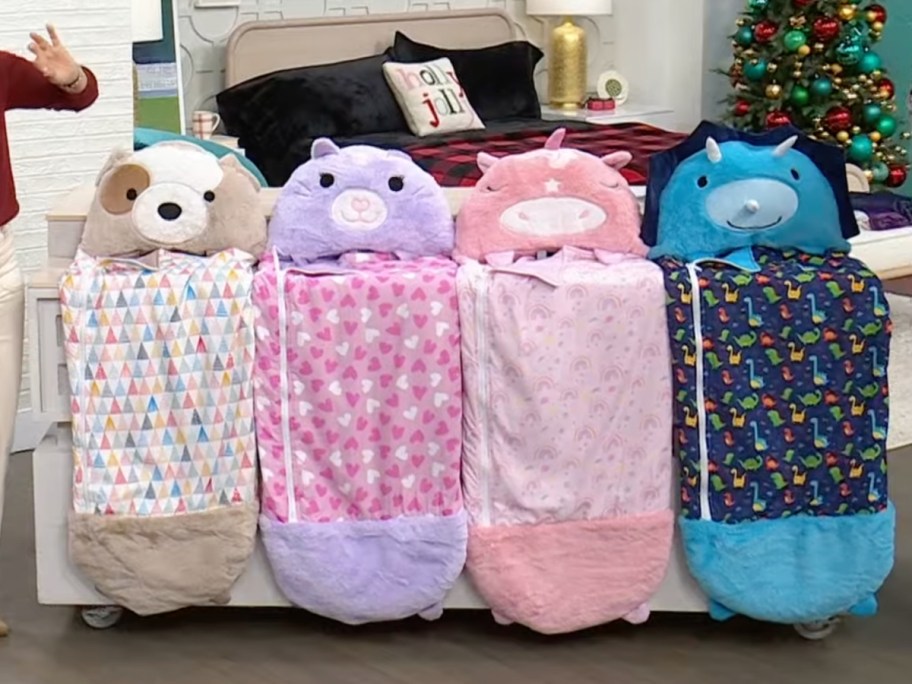 display of kid character sleeping bags on the table