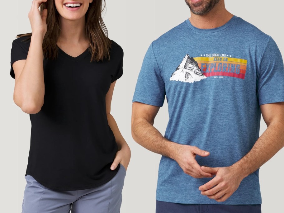 woman waring a black v-neck tshirt next to a man wearing a light blue graphic tshirt