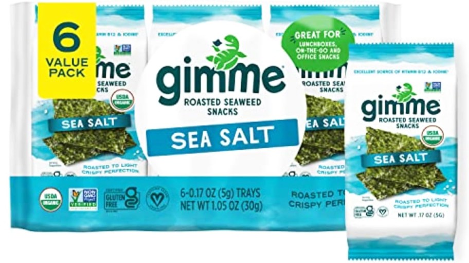 blue pack of gimMe Organic Roasted Seaweed Sheets in sea salt flavor