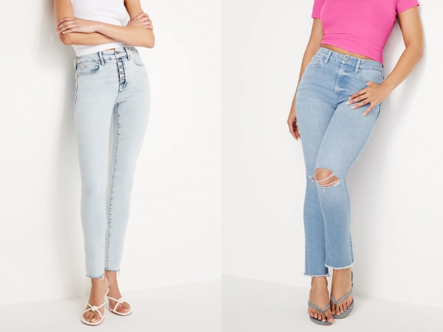 woman wearing light wash faded jeans with a white top next to a woman waring ripped medium wash jeans with a pink top