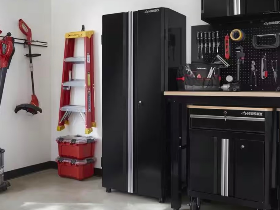 husky garage cabinet in black with workbench