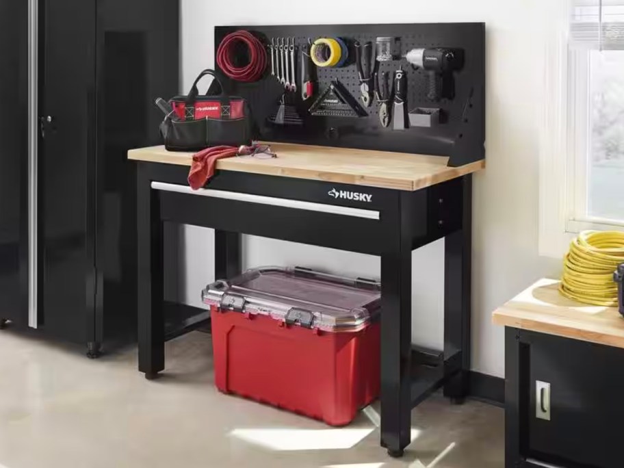 black husky workbench with wooden top