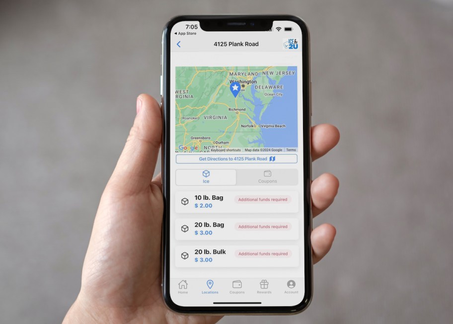 hand holding a phone with ice2u app on screen