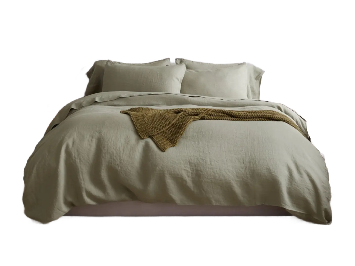 Quince sage green linen bedding