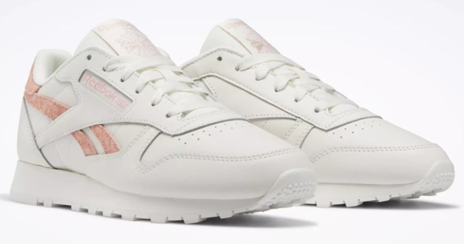 white and pinkish orange Reebok classic leather women's shoes