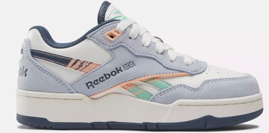 white, light purple and peach kids reebok shoe