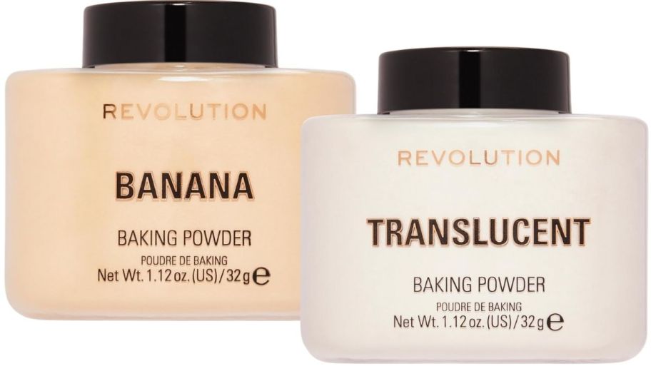 two bottles of revolution beauty setting powder in banana and translucent.