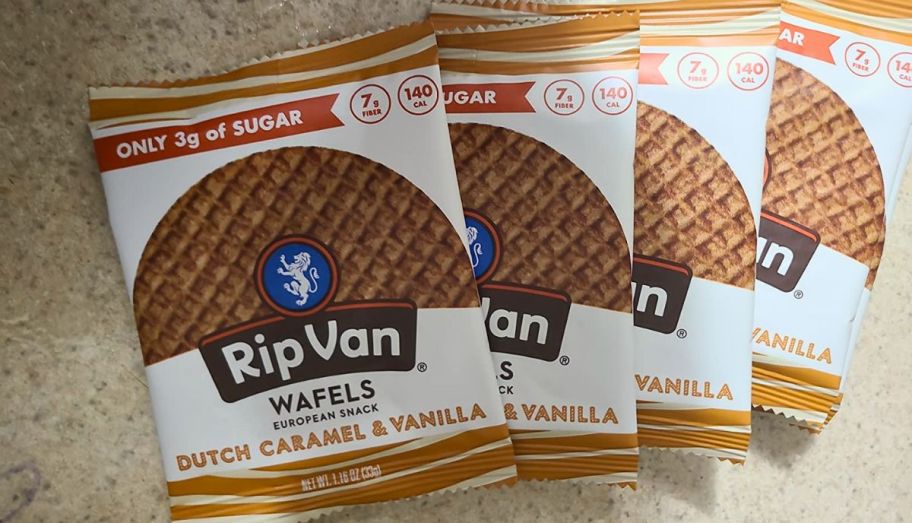 4 caramel vanilla stroopwafels on a kitchen counter