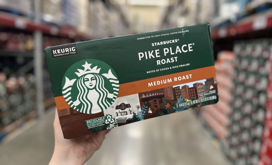 starbucks piek place medium roast k cups being held up in store