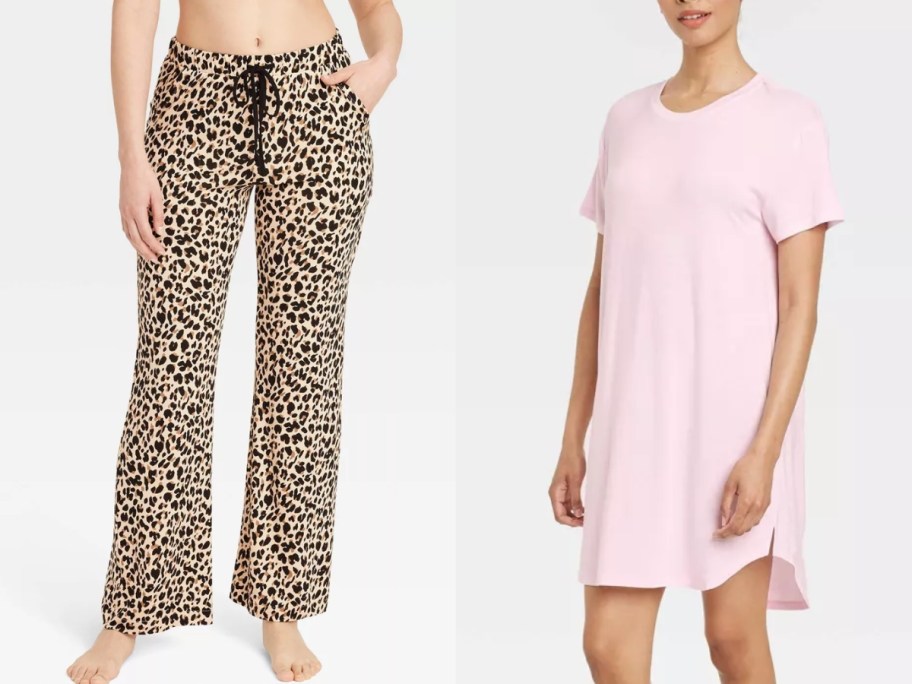 woman wearing leopard print pajama pants next to a woman wearing a light pink short sleeve sleep shirt