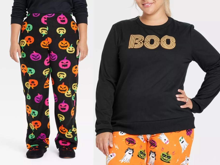 woman's legs wearing neon and black jack o lantern pajama pants next to a woman wearing a black sweatshirt that says "Boo" with orange ghost Halloween pajama pants