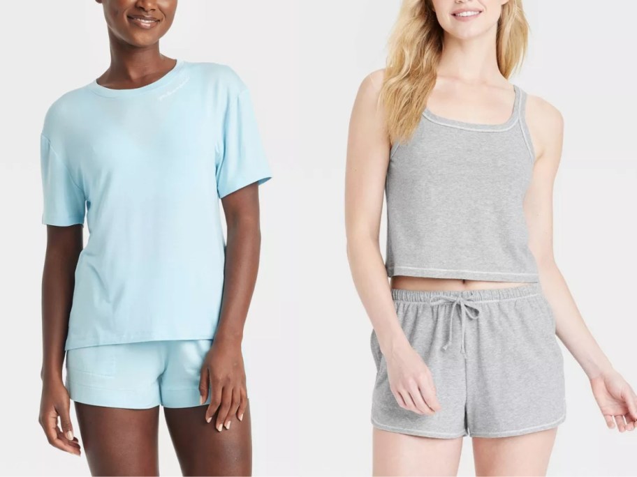 woman wearing a light blue pajama top and shorts next to a woman wearing a light grey pajama tank and shorts