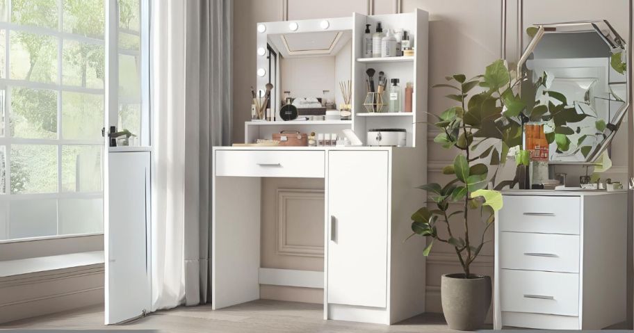 Vanity Desk w/ Mirror & Light in White in bedroom