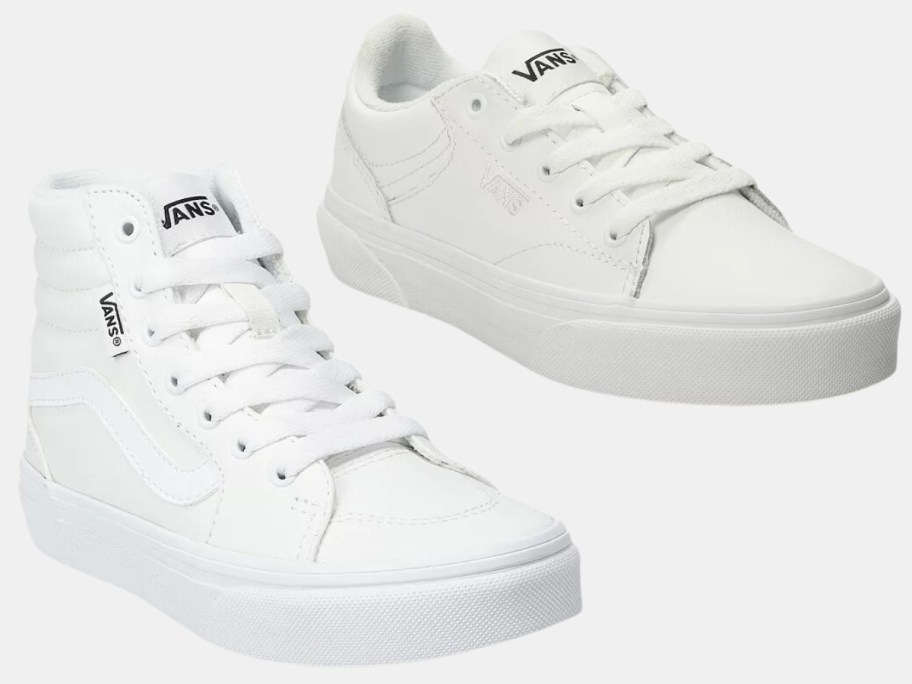 a kids white high top Vans sneaker and an off white low top Vans sneaker