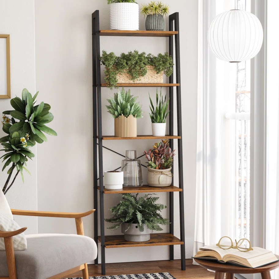 metal ladder bookcase with plants and books on it
