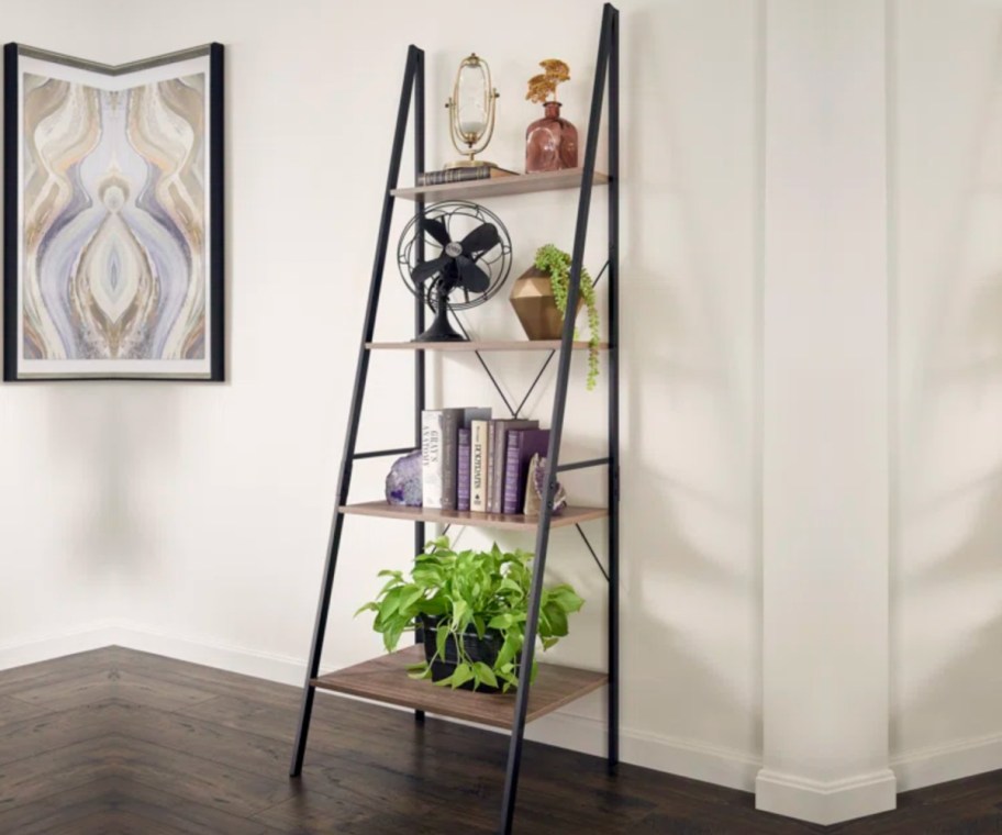 tiered bookshelf ladder with plants and books on it