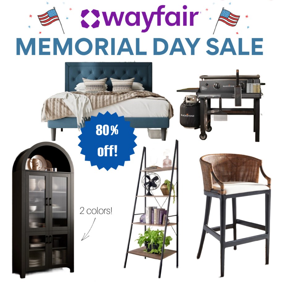 collage of home decor with bed, blackstone, and arched cabinet