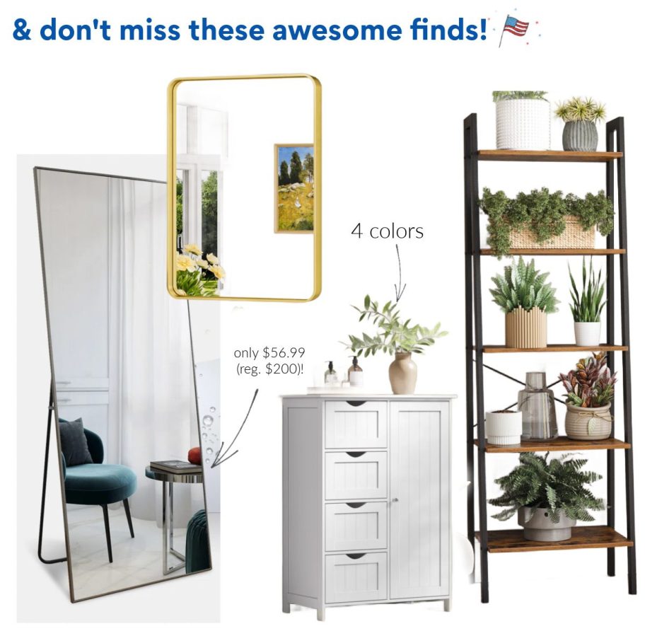 collage of mirrors, bathroom cabinet, and ladder bookshelf