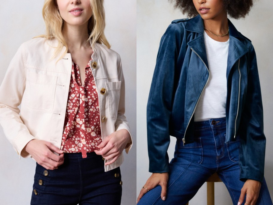 women wearing lauren conrad jackets in beige and blue