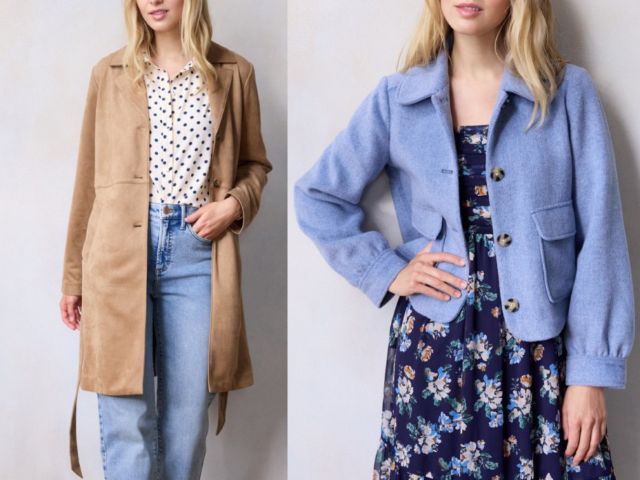 women wearing lauren conrad jackets in beige and blue