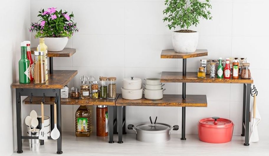 two 3 tier kitchen counter organizers arranged on a countertop