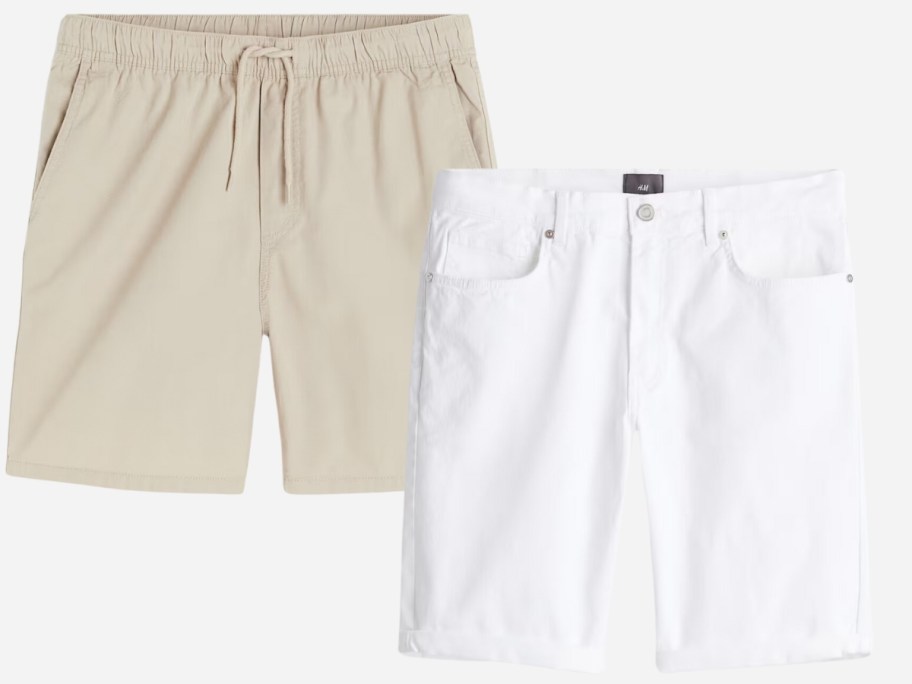 men's tan pull on shorts and white button up shorts