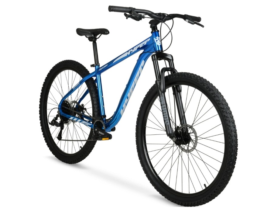 and adults blue and black mountain bike with large wheels