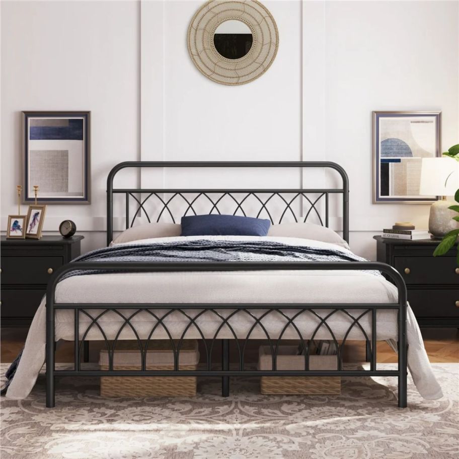 a black metal frame bed 