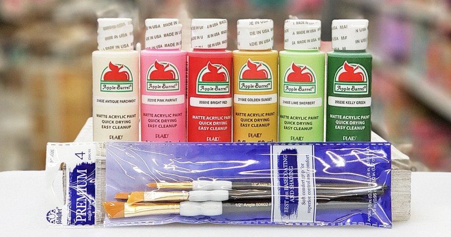 6 bottles of Apple Barrel Acrylic Paints with pack of paint brushes